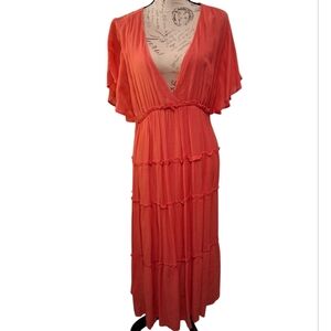 UMGEE tiered V-neck Coral Maxi Dress. NWT